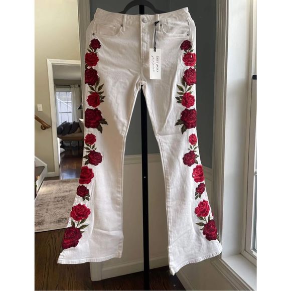 Free People x Driftwood Farrah Embroidered Flare Jeans Size 27 White - Picture 2 of 6